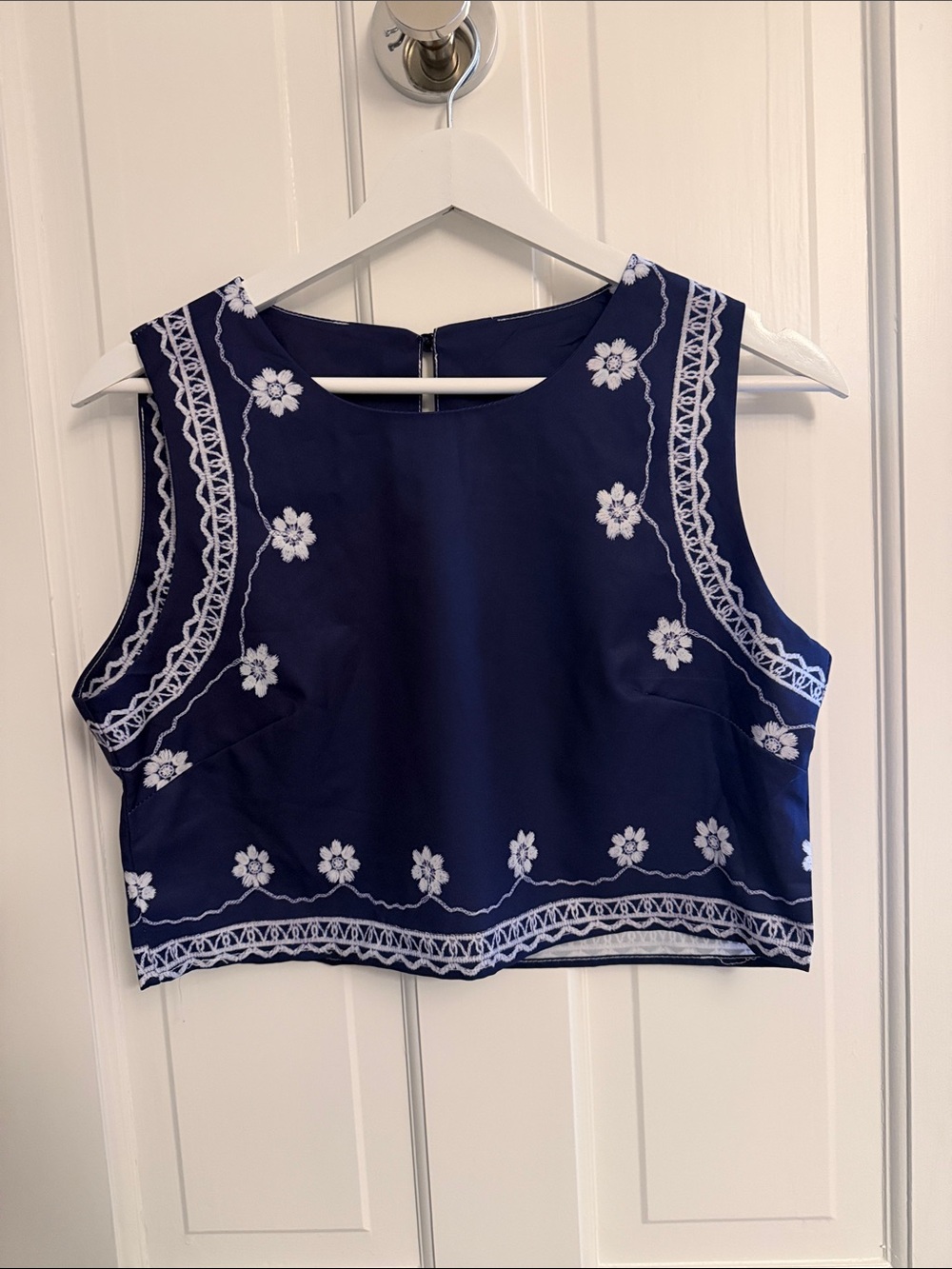 Embroidered Navy Floral Sleeveless Crop Top